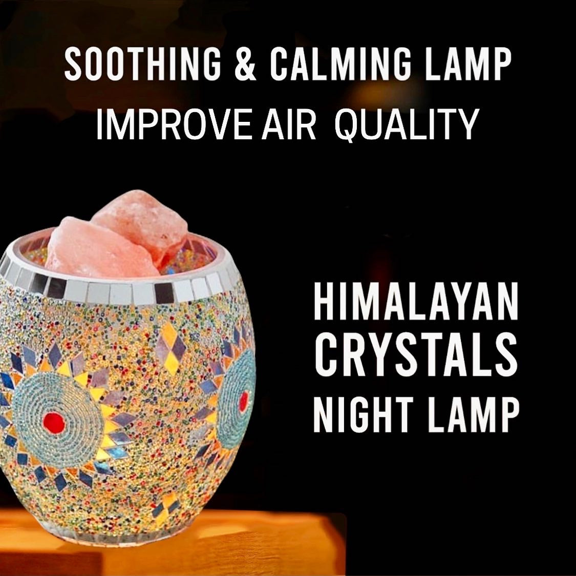 Himalayan Salt Mosaic Glass Table Lamp Natural Night Light Handcrafted Purifying Air, Wellness, Meditation included 3LB Original Himalayan Stones