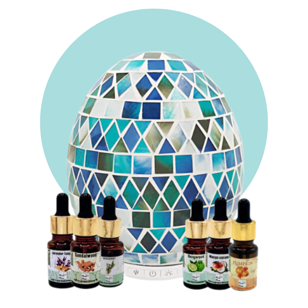 Aromatherapy Wellness Set-Diffuser Handmade 6 Essential Oils, Humidifier, Mist Intensity, 7 LED lights Home, Yoga, Meditation