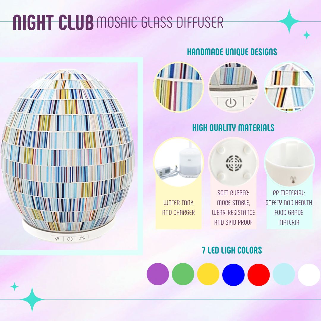 NIGHT CLUB Ultrasonic Cool Mist Essential Oil Diffuser 250ml Handmade Mosaic Glass