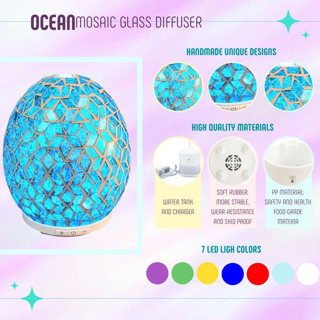 OCEAN Ultrasonic Cool Mist Essential Oil Diffuser 250ml Handmade Mosaic Glass