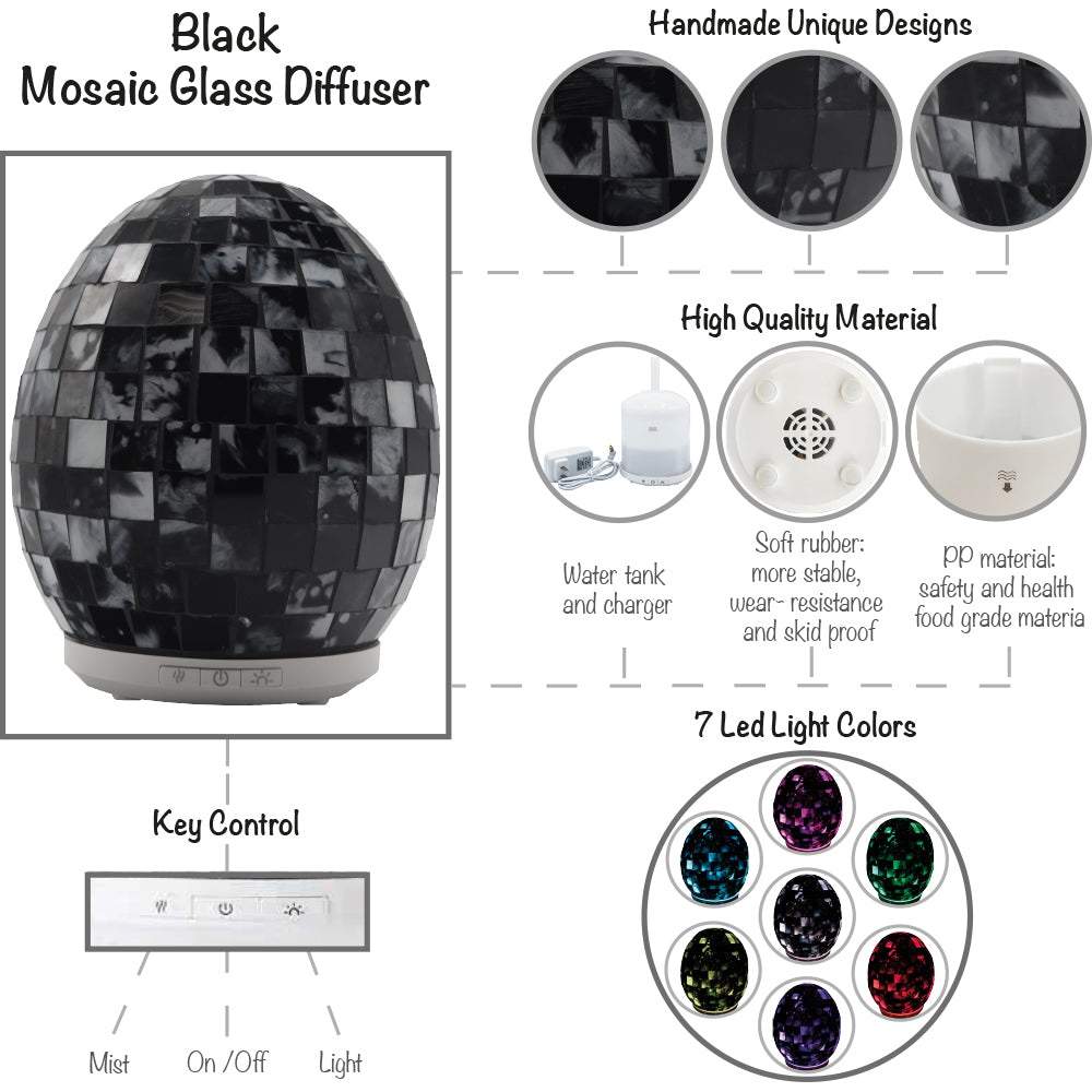 BLACK SILVER Ultrasonic Cool Mist Essential Oil Diffuser 250ml Handmade Mosaic Glass